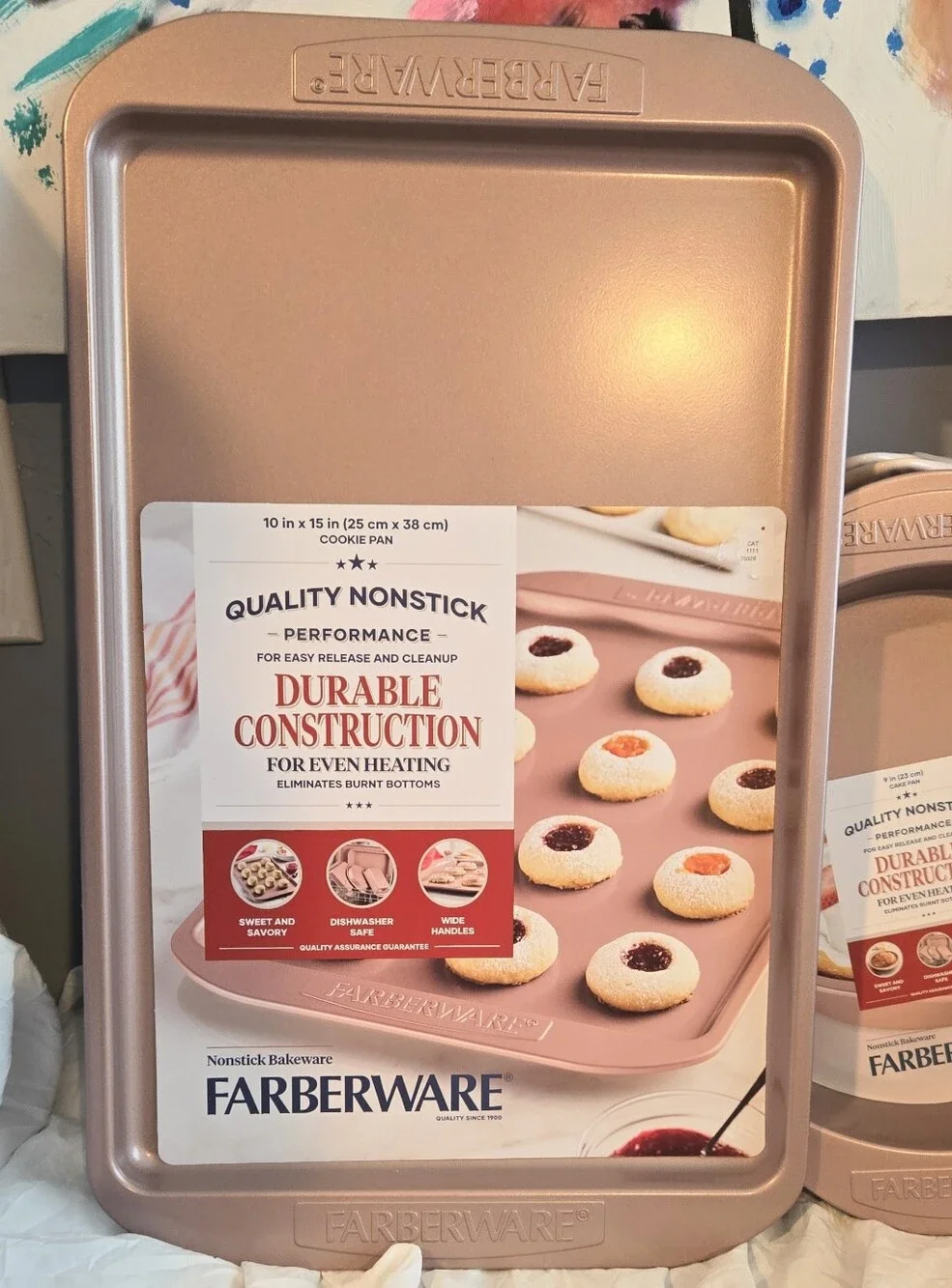 FARBERWARE 3PC Bakeware Set Matte Rose Cake Round, Cookie Sheet, Brownie Pan NWT